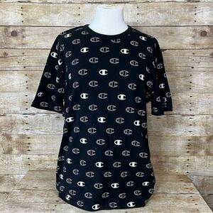 Champion Mens All Over Print Logo T-Shirt Black White Crew Neck Medium